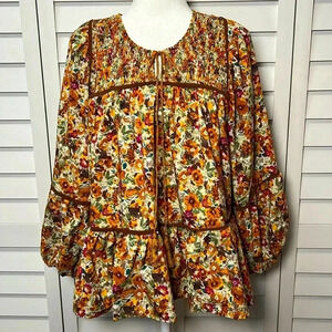 This & That Floral Boho Balloon Sleeve Ruffle Peasant Top Size Small